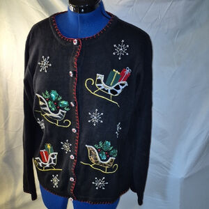 Vintage B P Design Beads And Sequins Christmas CardiganEmbroidered Sz.L(#1998)
